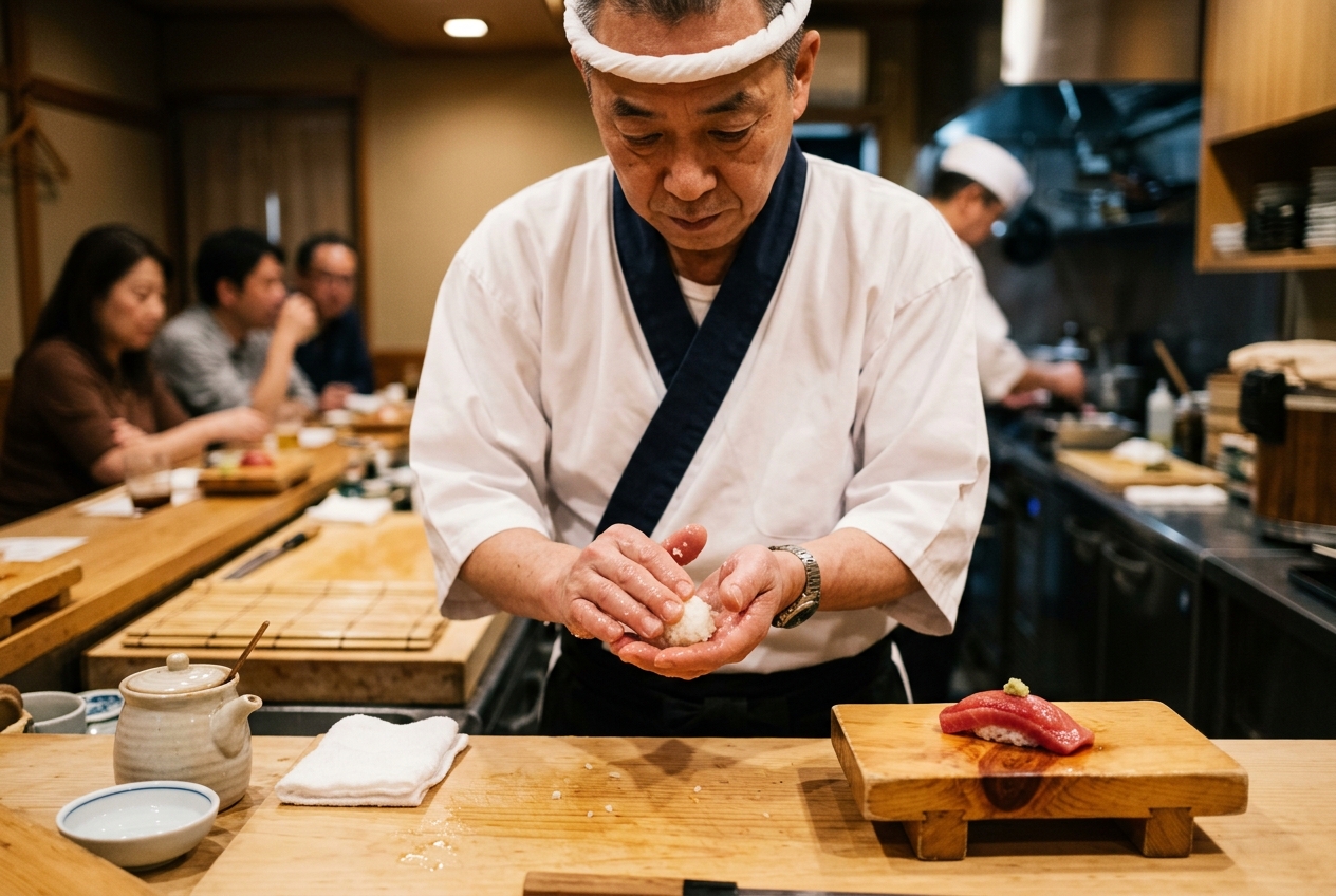Uno chef di sushi in divisa bianca che modella il riso a mano, accanto a un nigiri di tonno su un bancone di legno.